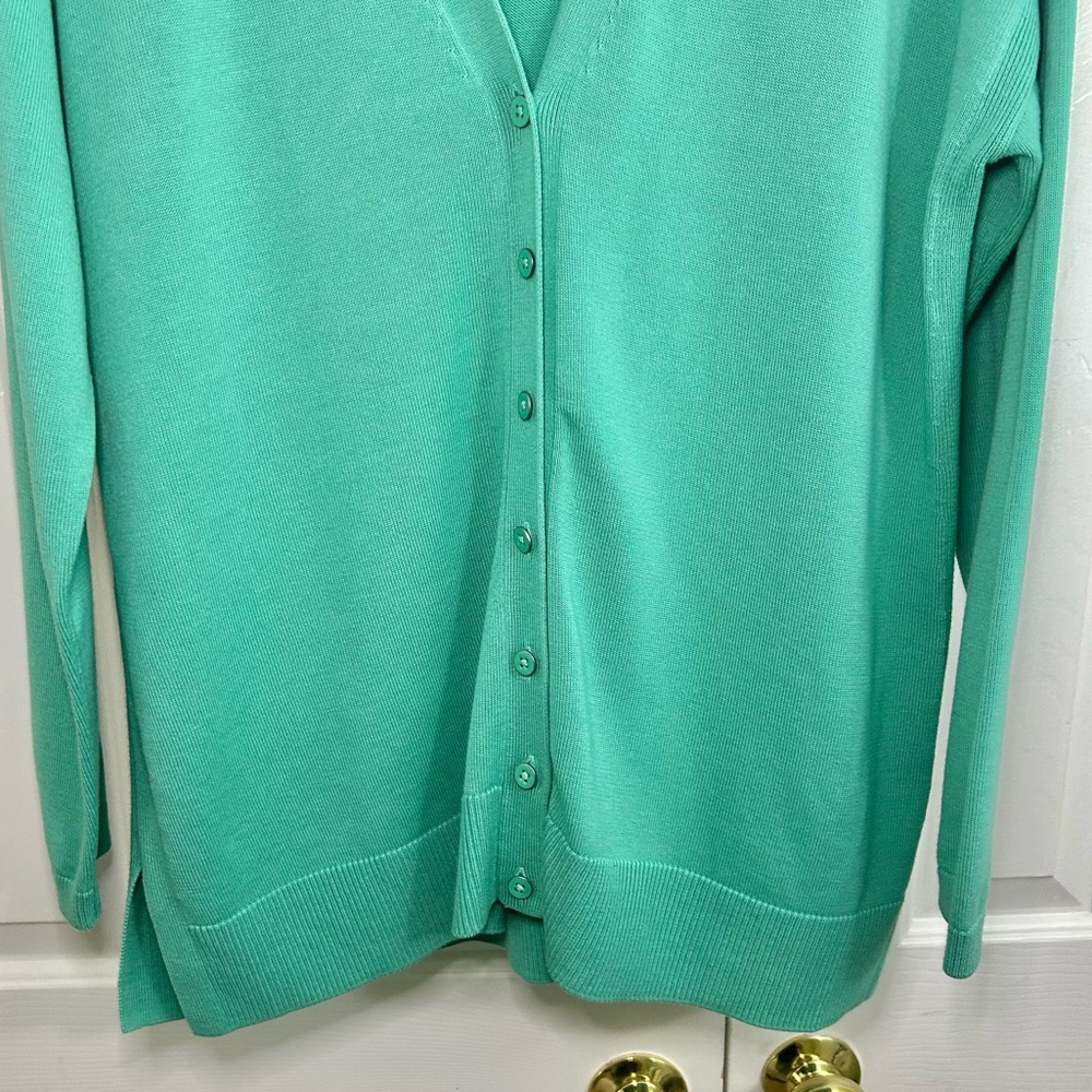 Talbots Green V-neck Button Down Cotton Blend Career Cardigan Sweater Sz Lp - Picture 3 of 14